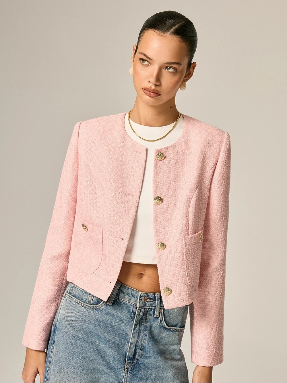 Commense Pink Cropped Tweed Blazer with Gold Buttons